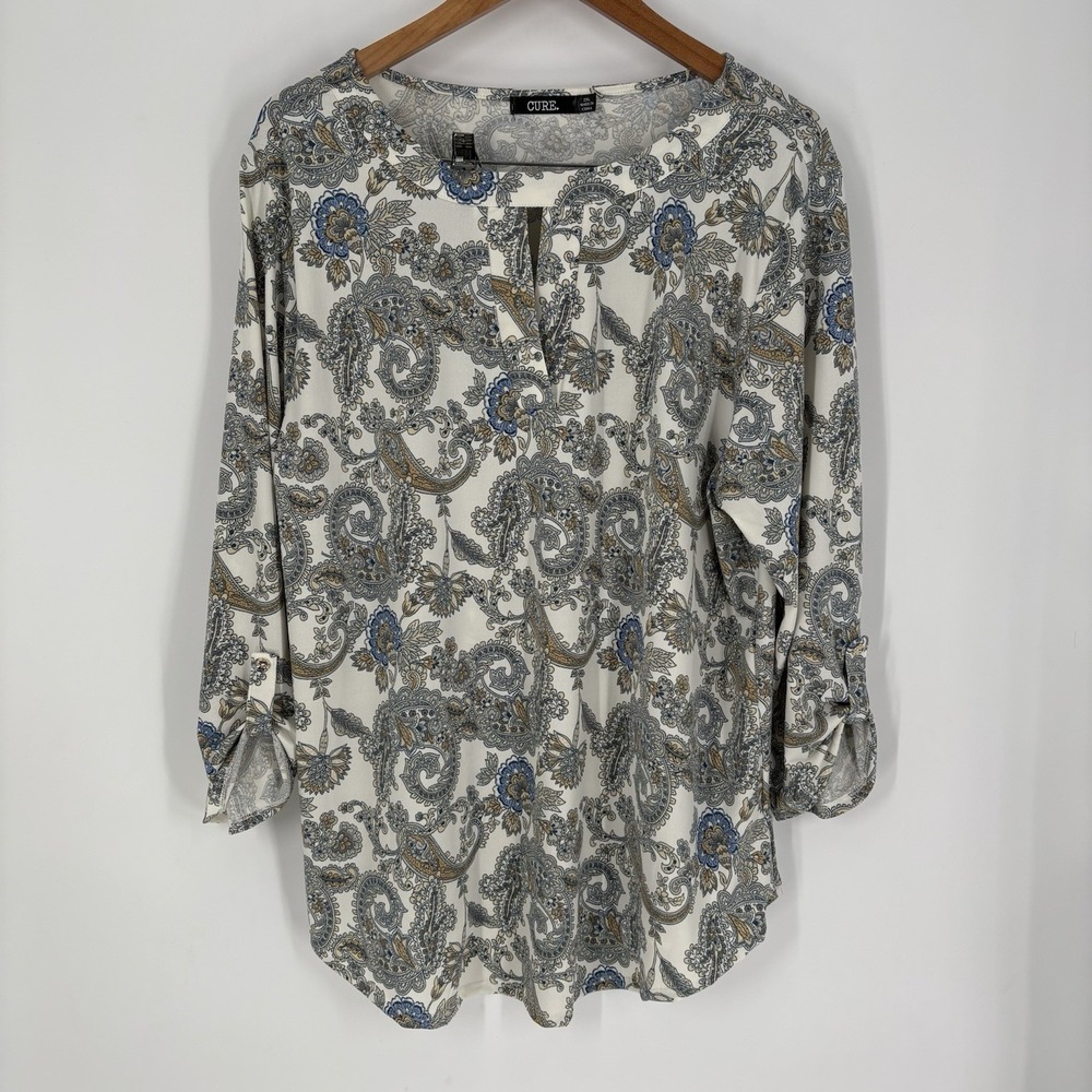 Cure Womens Paisley Print Tunic Top Size 2XL Ivory Cut Out‎ Stretch Comfort